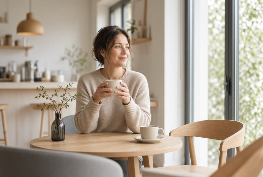 Diskreta dejtingtips f&ouml;r yrkesverksamma &ndash; kvinna tar en fika och planerar en dejt trots fullt arbetsschema