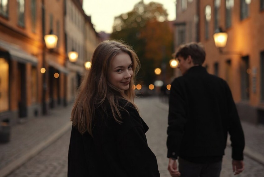 Kvinna ler mot man p&aring; kv&auml;llsgata &ndash; s&auml;ker f&ouml;rsta dejt och sexkontakter i Sverige