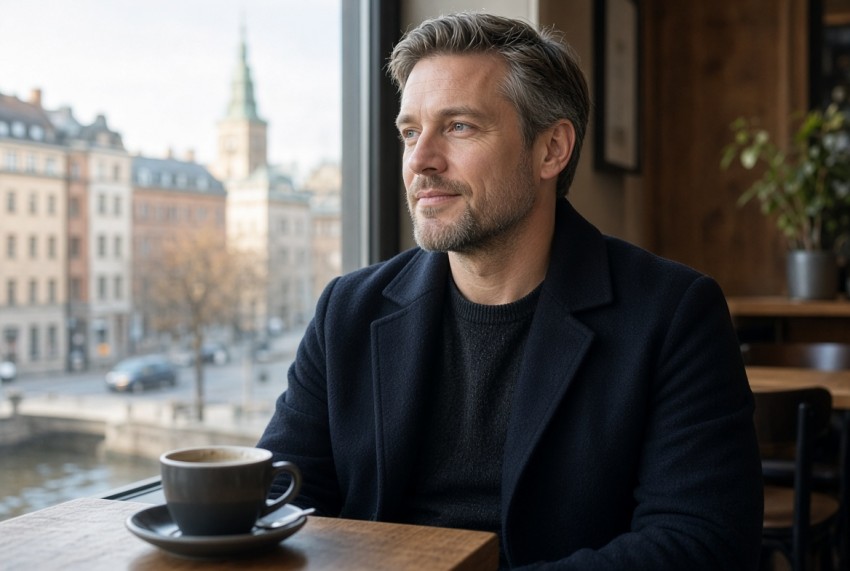 Attraktiv skild man i 40-&aring;rs&aring;ldern p&aring; kaf&eacute; med utsikt &ouml;ver svensk stad &ndash; sexkontakter och ny start efter skilsm&auml;ssa