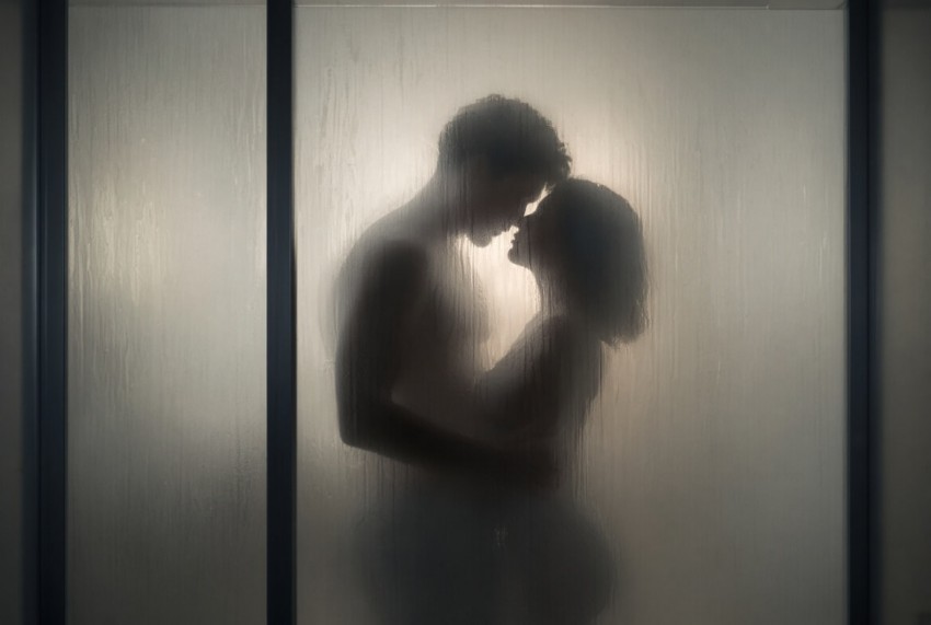 Passionerad silhuett av ett par som omfamnar varandra bakom frostat glas &ndash; anv&auml;nd v&aring;ra dejtingprofil tips f&ouml;r att hitta &auml;kta dating sex och s&auml;kra sexkontakter.