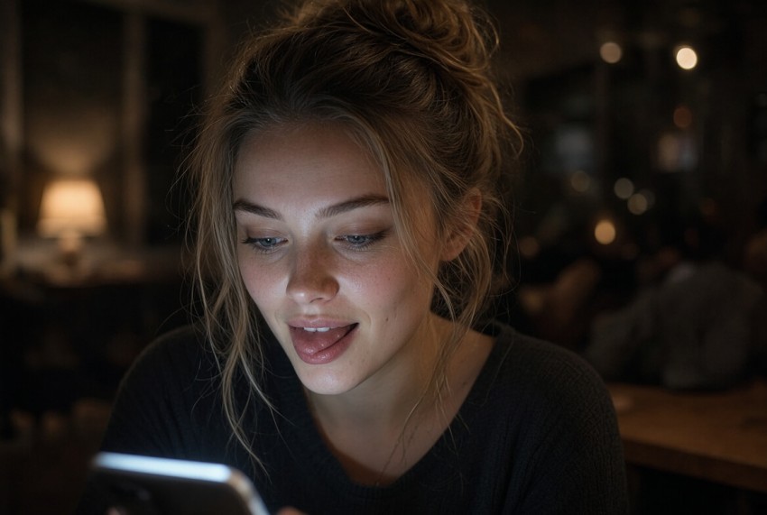 ng kvinna ler lekfullt och biter sig i l&auml;ppen framf&ouml;r sin mobilsk&auml;rm &ndash; hitta en s&auml;ker sexchatt ist&auml;llet f&ouml;r farliga sexkontakter utan registrering.