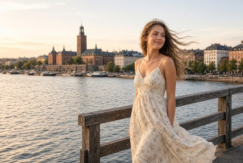 Ung kvinna i sommarkl&auml;nning vid Stockholms vattnet &ndash; sexkontakter Stockholm Sverige 2026